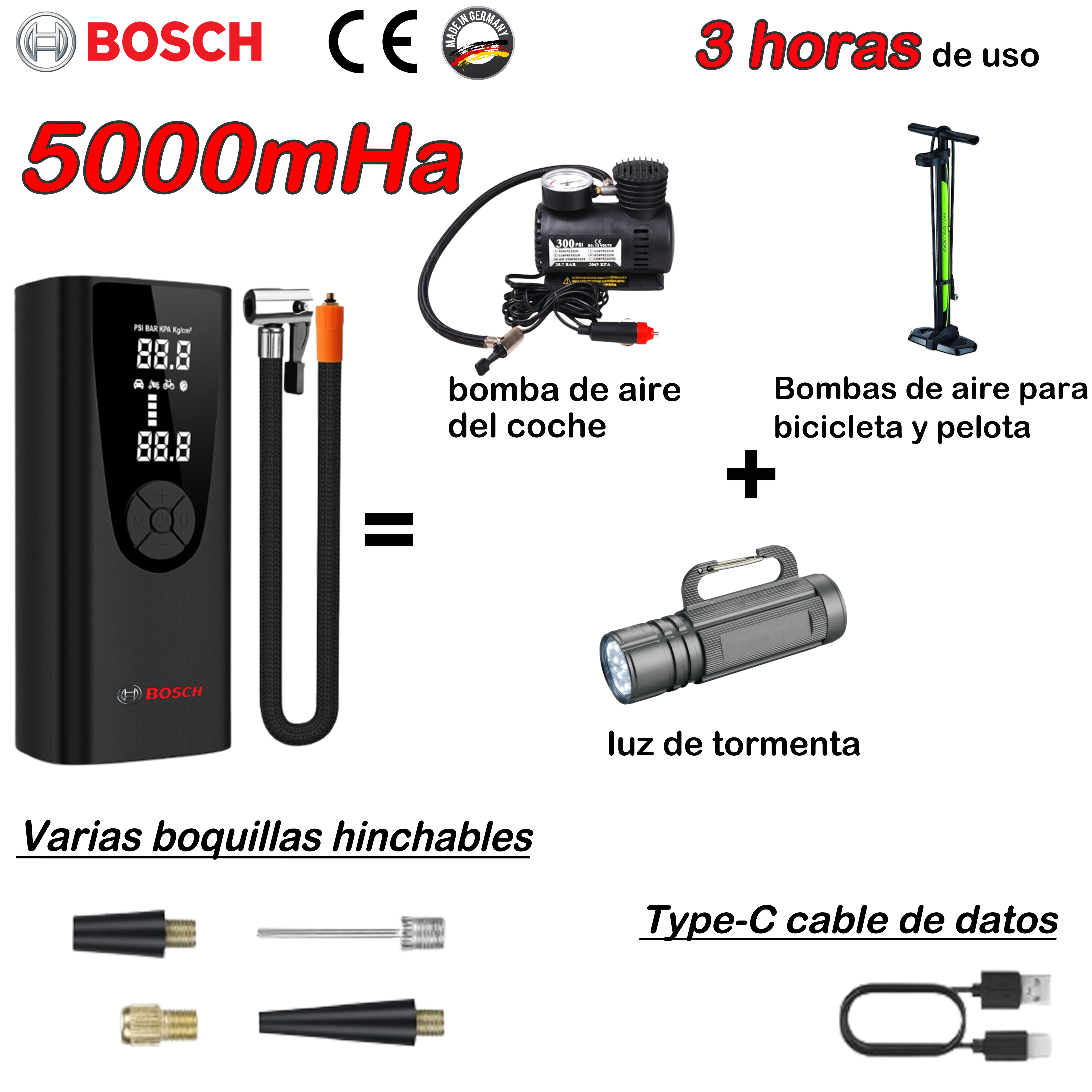 [La última bomba de aire de Bosch] Batería de 5000 mAh de capacidad, se puede utilizar hasta 3 horas + equipada con una variedad de boquillas inflables + luces