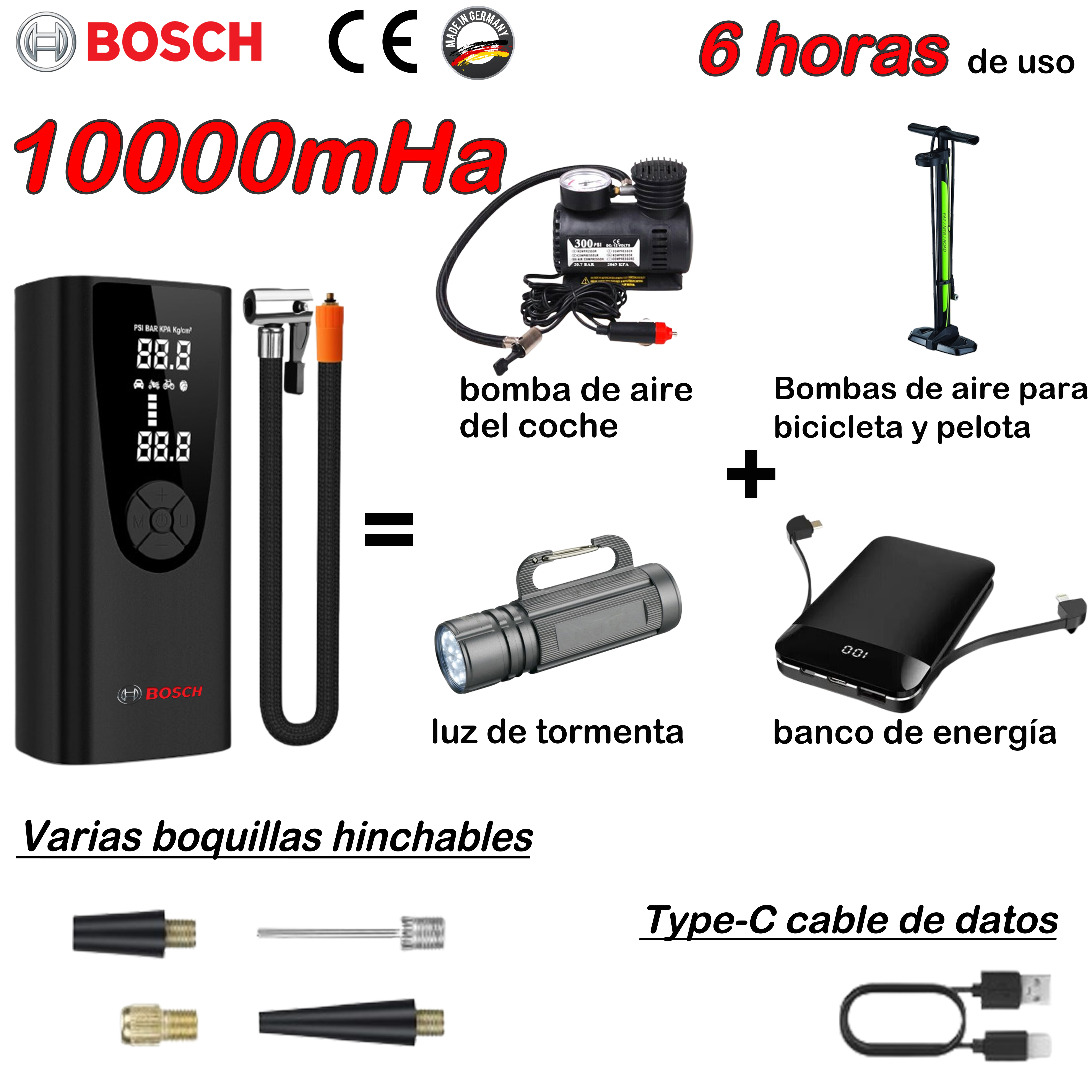 [La última bomba de aire de Bosch] Batería de 10000 mAh de capacidad, se puede utilizar hasta 6 horas + equipada con una variedad de boquillas inflables + luces + se puede utilizar como fuente de alimentación móvil