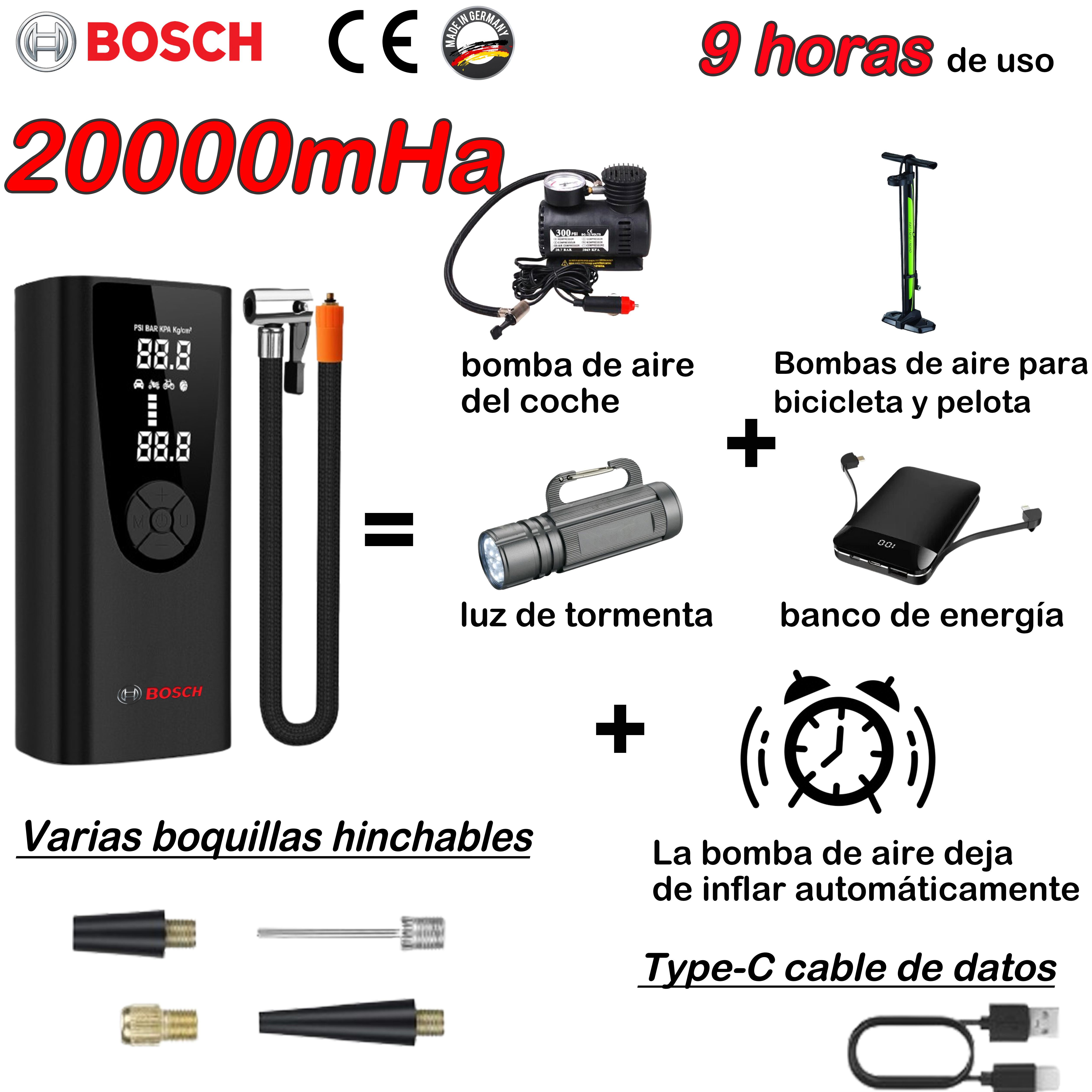 [La última bomba de aire de Bosch] Batería extra grande con capacidad de 20000 mAh, se puede utilizar hasta 9 horas + equipada con una variedad de boquillas infladoras + luces + se puede utilizar como fuente de alimentación móvil + deja de inflar automáticamente