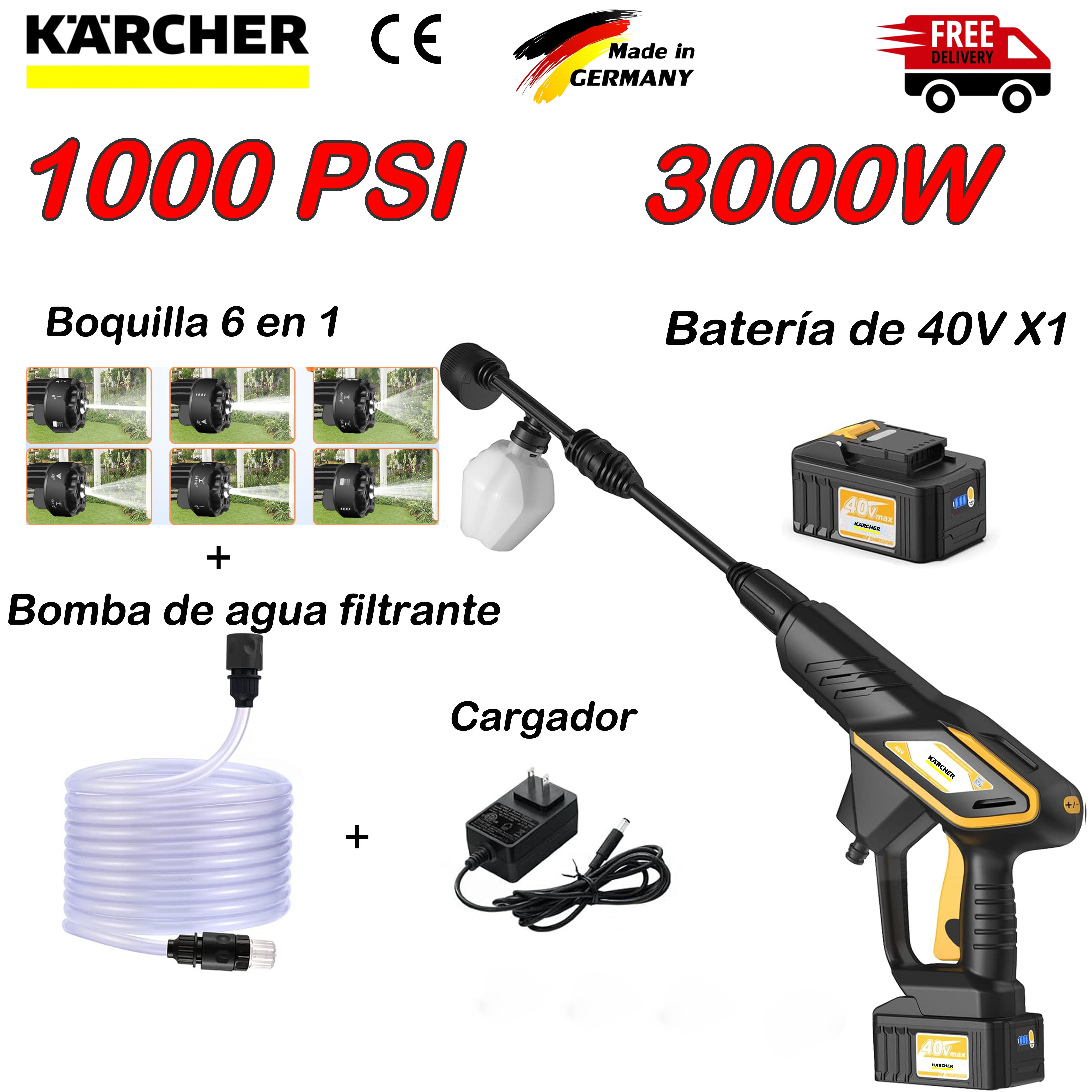 [La última lavadora de autos de Kärcher] Modelo básico: motor de 1000PSI + potencia de 3000W + boquilla 6 en 1 + bomba de agua filtrada + batería de 40V x1 + cargador