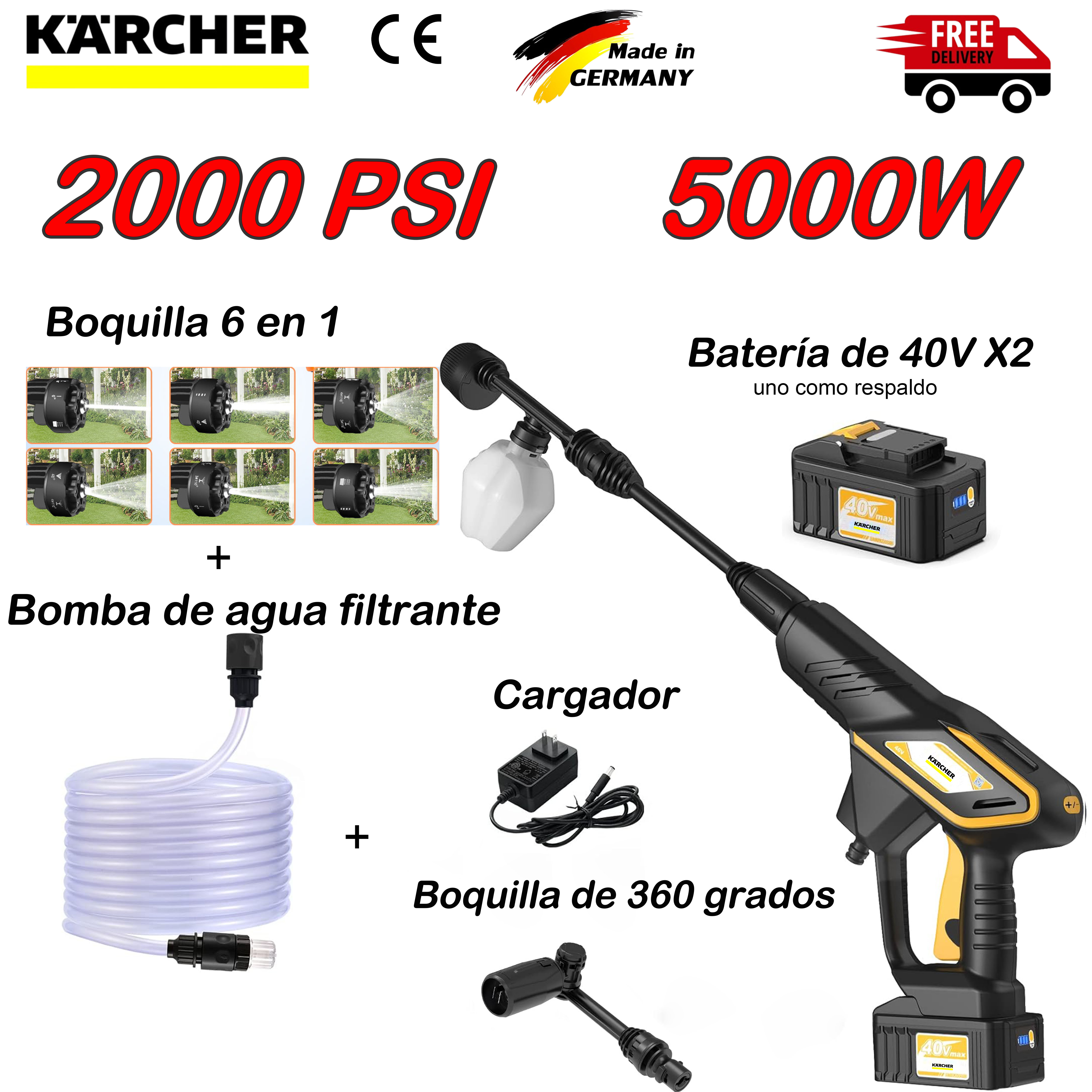 [La última lavadora de autos de Kärcher] Modelo mejorado: motor de 2000 PSI + potencia de 5000 W + boquilla 6 en 1 + bomba de agua filtrada + batería de 40 V x2 + cargador + boquilla giratoria de 360°