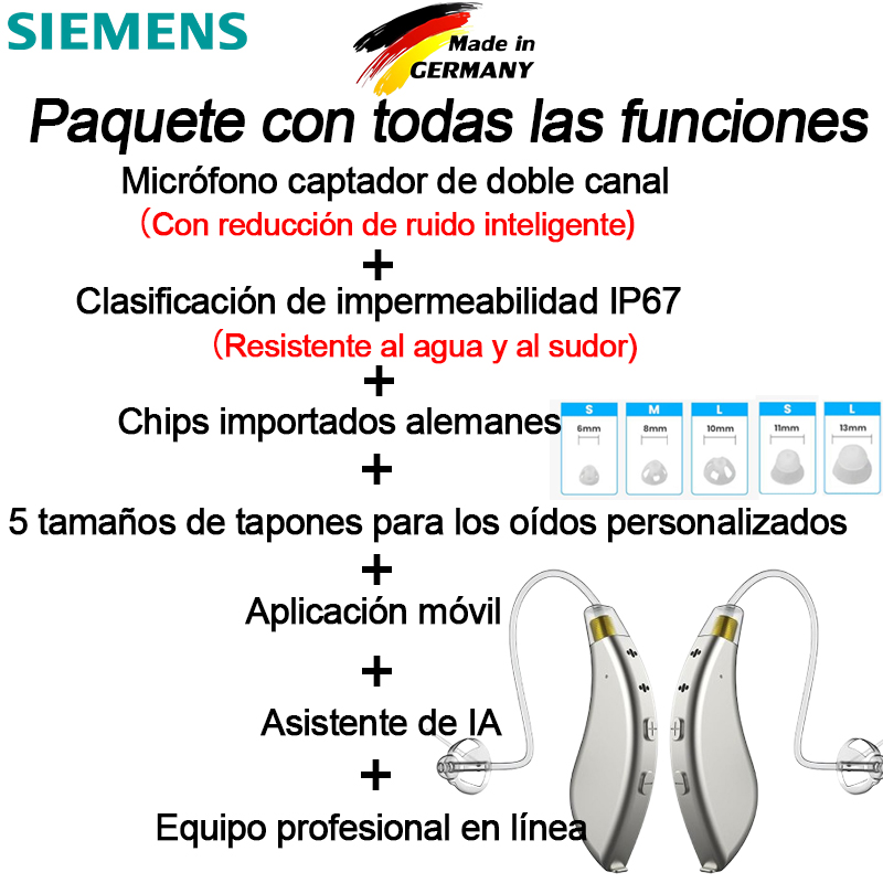 [Estilo mejorado con todas las funciones] Chip importado de Alemania, que integra múltiples funciones de procesamiento de sonido + nivel de impermeabilidad IP67, resistente al agua y al sudor + micrófono captador de doble canal con función de procesamiento de reducción de ruido + 5 tapones para los oídos personalizados, adecuados para diferentes tamaños de oído + aplicación móvil básica Funciones + Asistente de IA para ayudarte a depurar + Equipo profesional en línea