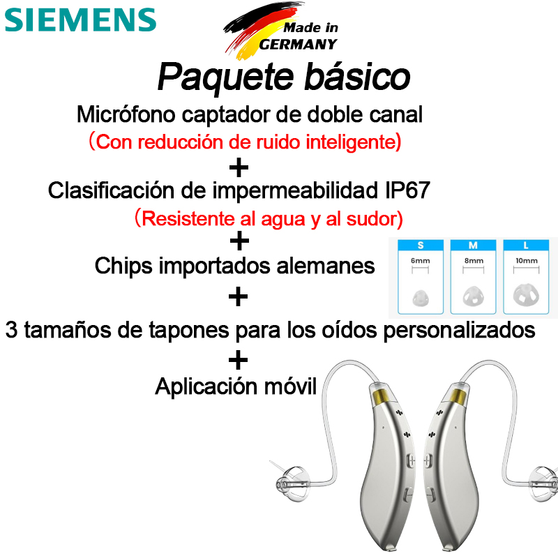 [Modelo básico] Chip importado de Alemania, que integra múltiples funciones de procesamiento de sonido + nivel de impermeabilidad IP67, resistente al agua y al sudor + micrófono captador de doble canal con función de procesamiento de reducción de ruido + 3 tapones para los oídos personalizados de diferentes tamaños + funciones básicas de aplicaciones móviles (modelos de actualización recomendados y Modelos mejorados totalmente funcionales, que pueden optimizar y restaurar mejor su audición)