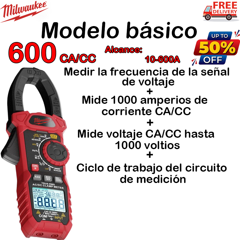 [La última pinza amperimétrica digital de Milwaukee] modelo básico (rango medible CC/CA: 60-600 A/V): frecuencia de señal de voltaje + corriente CC/CA + voltaje CC/CA + ciclo de trabajo del circuito