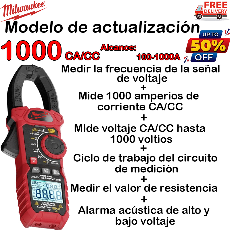 [La última pinza amperimétrica digital de Milwaukee] modelo actualizado (rango de medición CC/CA: 100-1000 A/V): frecuencia de señal de voltaje + corriente CC/CA + voltaje CC/CA + ciclo de trabajo del circuito + valor de resistencia + zumbador de alto y bajo voltaje sonidos