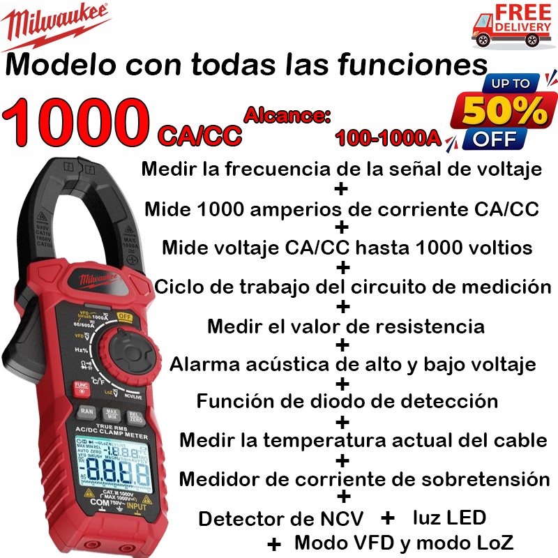 [La última pinza amperimétrica digital de Milwaukee] Modelo con todas las funciones (rango de medición CC/CA: 100-1000 A/V): frecuencia de señal de voltaje + corriente CC/CA + voltaje CC/CA + ciclo de trabajo del circuito + valor de resistencia + alto voltaje y Suena un zumbador de bajo voltaje + diodo de detección + temperatura del cable + medidor de sobrecorriente + detector NCV + modo VED (filtro de variador de frecuencia) + modo LoZ (baja impedancia de entrada)