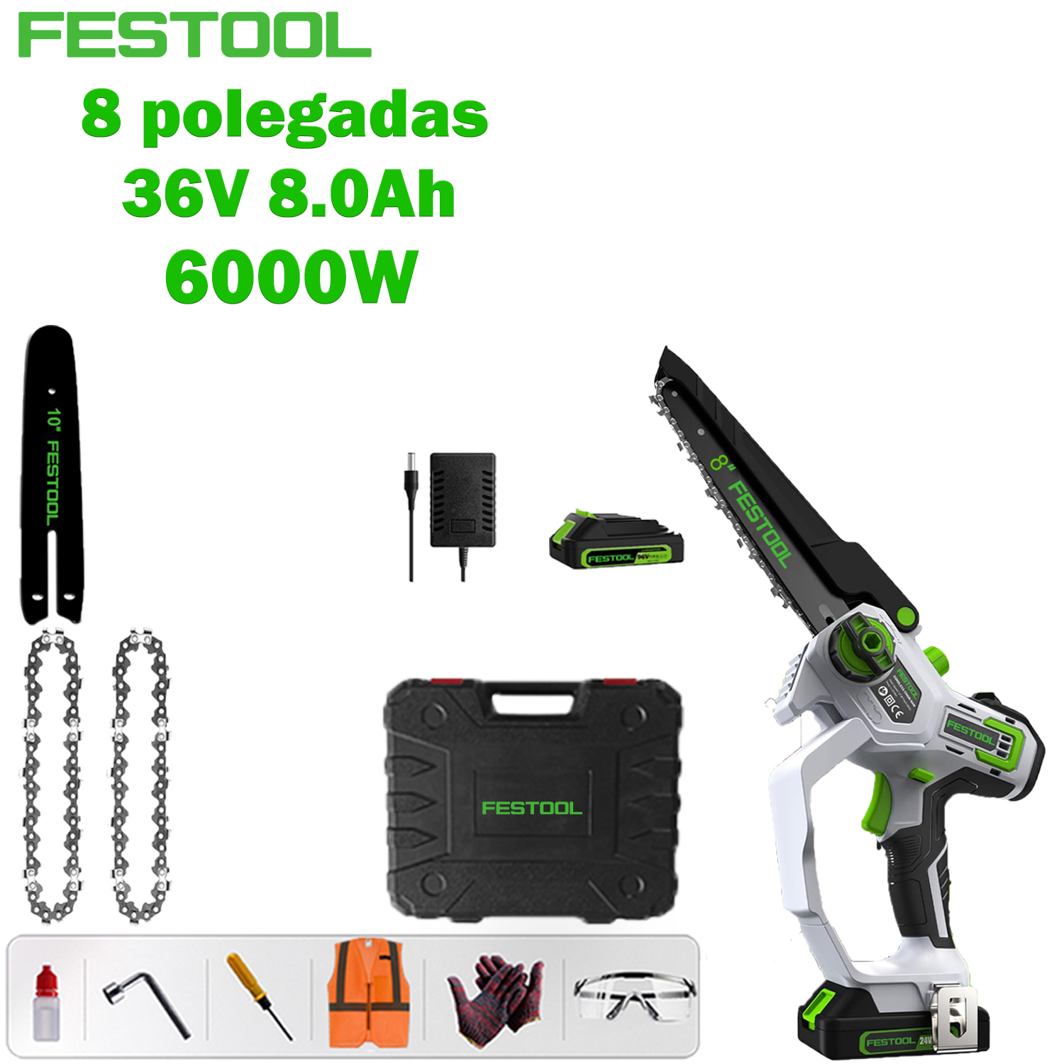 [La última motosierra de litio sin escobillas de Festool] Modelo básico de 8 pulgadas: motor sin escobillas de 6000 W + batería de litio de 36 V 8,0 Ah * 1, una batería puede durar 12 horas + placa guía * 1 + cadena * 2 + caja de herramientas + bolsa de oferta de trabajo segura (Gafas , guantes, etc.) + cargador de carga rápida + 3 años de garantía