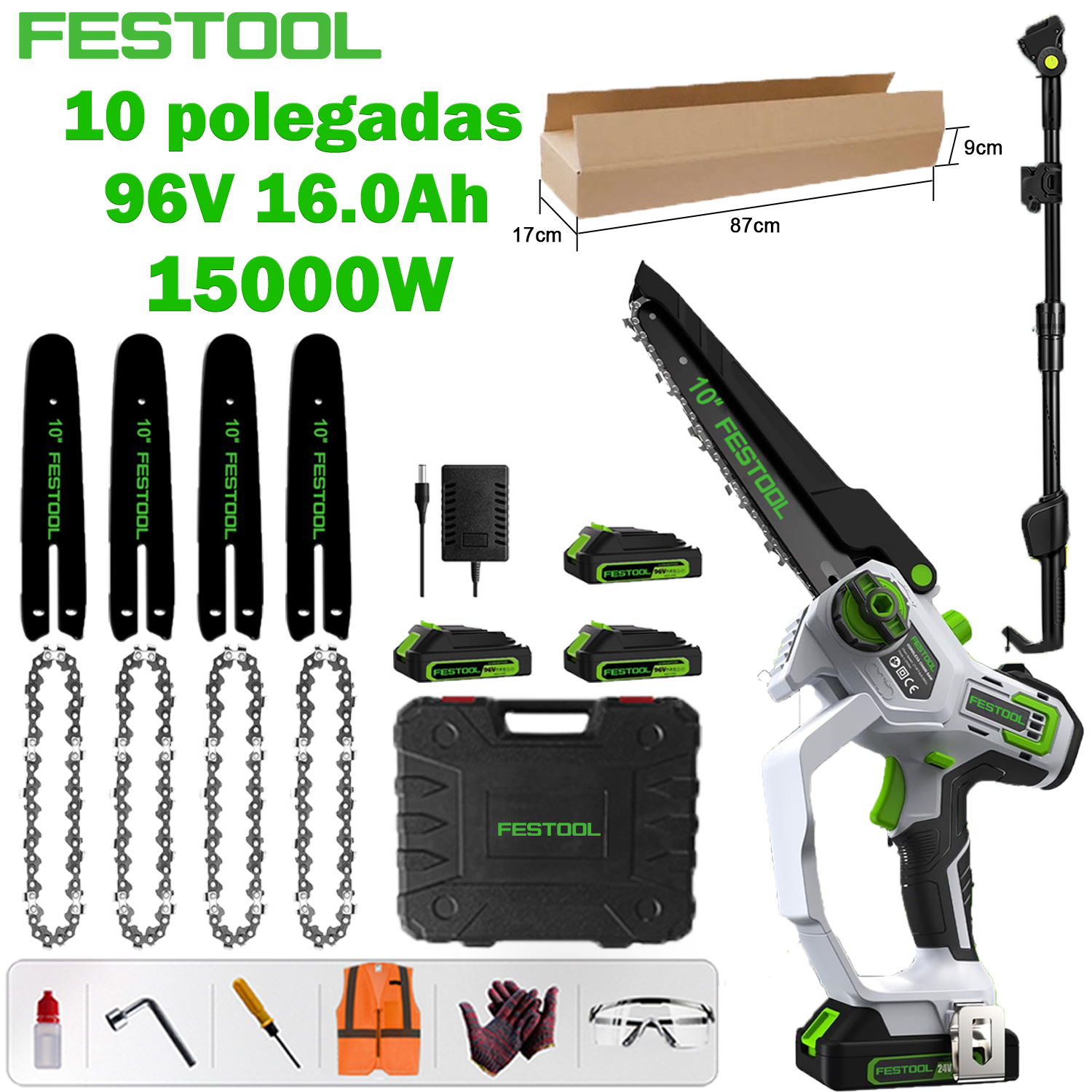 [La última motosierra de litio sin escobillas de Festool] Modelo de poste de extensión de 10 pulgadas: motor sin escobillas de 15000 W + batería de litio de 96 V 16,0 Ah * 3, una batería puede durar 24 horas + placa guía * 4 + cadena * 4 + caja de herramientas + bolsa de regalo de trabajo segura ( gafas, guantes, etc.) + cargador de carga rápida + 10 años de garantía + pértiga alargadora Telescópico de 1,5 a 4,5 m.